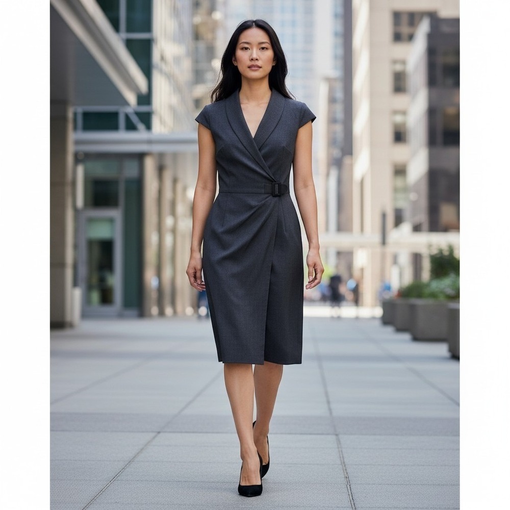 Interview Dress Minimalist Charcoal Gray Size 4 Faux Wrap Sheath Career Workwear